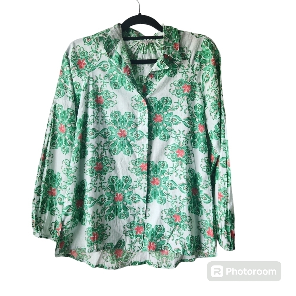 ModaPosa Pink and Green Button Down Blouse with Long Sleeve Puff Sleeve Sz. S